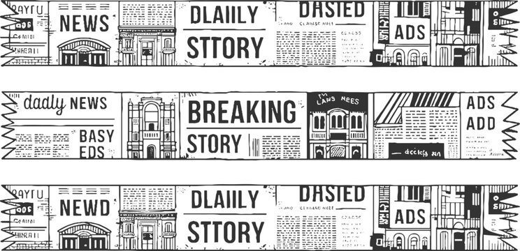 Black and white of a newspaper banner with headlines and buildings story