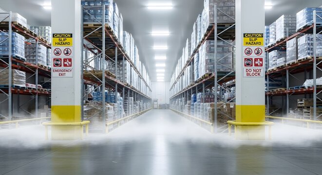 Refrigerated warehouse corridor with strong depth perspective safety signs and frosty air for realistic facility shot