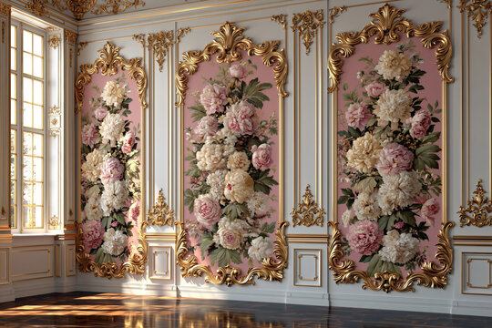 Luxurious rococo chateau interior backdrop, ornate gold moldings, peony wallpaper panels, classical room, sunlight and dark wood floors.