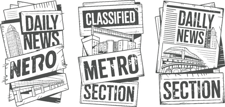 Three newspaper sections daily news metro classified section with cityscapes and bridges