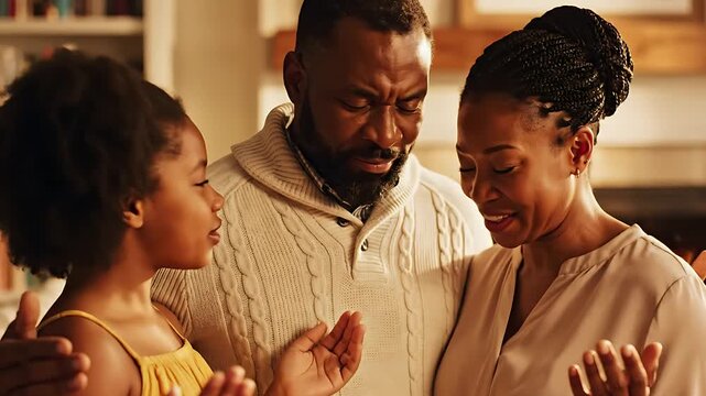 Family praying together indoors with soft lighting and neutral tones