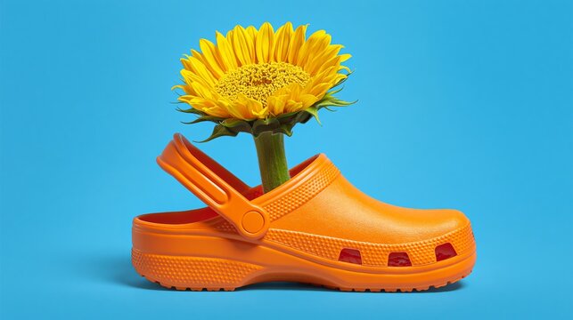 Orange clog shoe with sunflower plant growing from the top against a bright blue background, showcasing a unique and playful design element in footwear