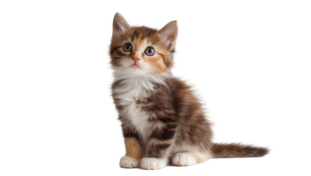 Fluffy Calico Kitten Sitting with Amber Eyes and Brown Tail