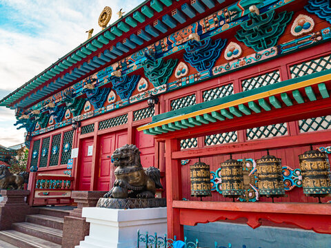 Scenic view of Buddhist temple on the territory of Ivolginsky Datsan, Buryatia, Russia.