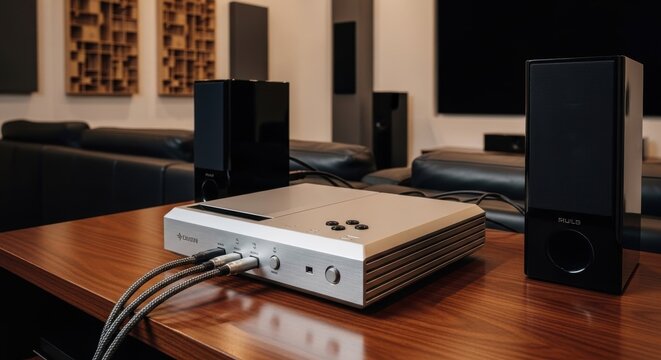 Modern brushed steel audio amplifier and hifi system component on a wooden surface