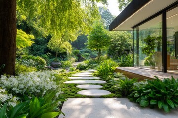 Obraz premium Modern House with Scenic Garden Pathway Leading Towards Serene Natural Surroundings