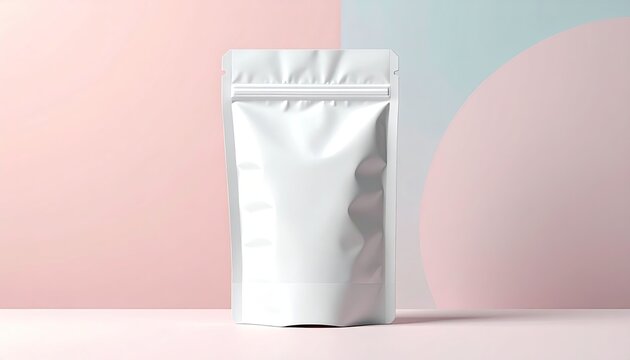 Blank White Food Pouch Mockup on Pink and Blue Background