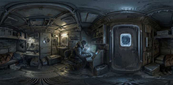 Immersive 360 panorama of an isolated arctic research station interior. A lone scientist works at computer amidst frost and industrial gear. Generative AI.