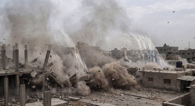 Dynamic scene of a powerful building demolition creating a huge dust cloud and scattering debris, capturing the chaos and impact of structural collapse.