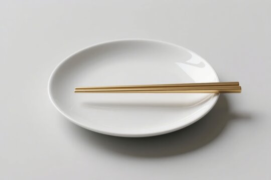 A pair of wooden chopsticks resting on a white ceramic plate against a neutral background