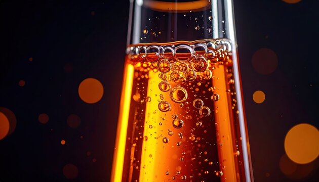 Macro shot of golden carbonated liquid in glass showing numerous rising bubbles and beautiful bokeh light effects