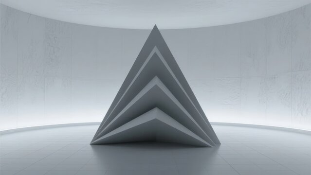 Abstract geometric sculpture of layered triangular forms in a minimalist white space