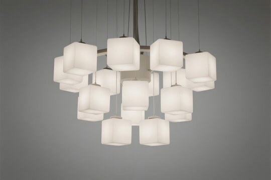 Modern chandelier with multiple cube-shaped light fixtures suspended from a central frame