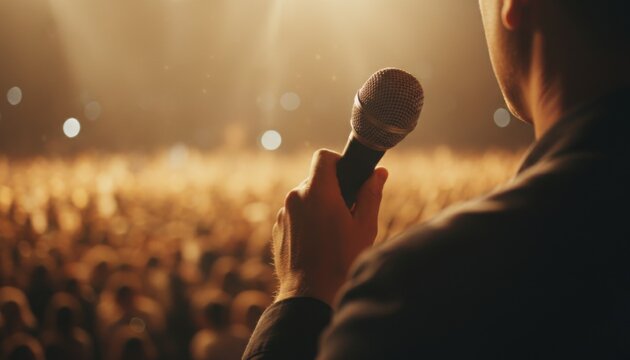 View from behind speaker holding microphone on stage looking out at large blurred audience in warm concert lighting