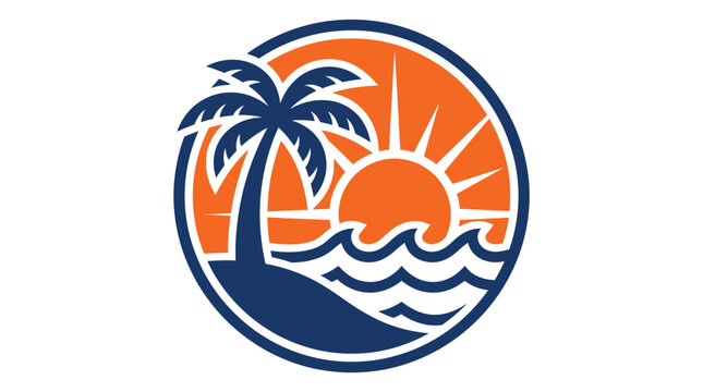 Tropical Beach Sunset Palm Tree Logo Design.