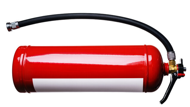 Red cylindrical Fire Extinguisher with Black Hose and Brass Nozzle