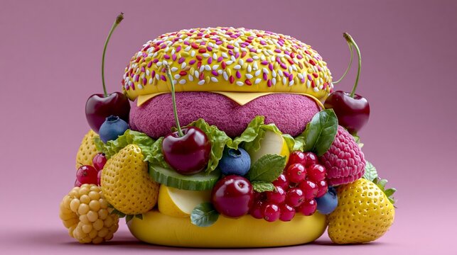 Colorful dessert burger made of plush fabric, featuring layers of pink and yellow, topped with cherries and surrounded by various fruits on a pink background