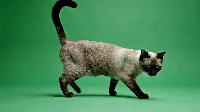 A siamese cat stalking and looking alert against a solid green background in a studio setting.