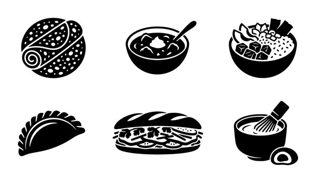 Minimalist food icons set of 6 black and white vectors, global cuisine illustrations including ramen, burrito, sandwich, and matcha tea