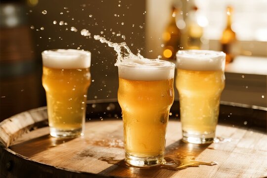 Three glasses of beer on a wooden barrel with one splashing foam