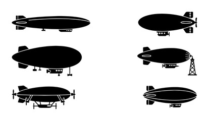 Vintage zeppelin airship silhouettes, set of 6 retro dirigible flying machines, antique blimp and steampunk balloon icons for historical aviation design © MdArif
