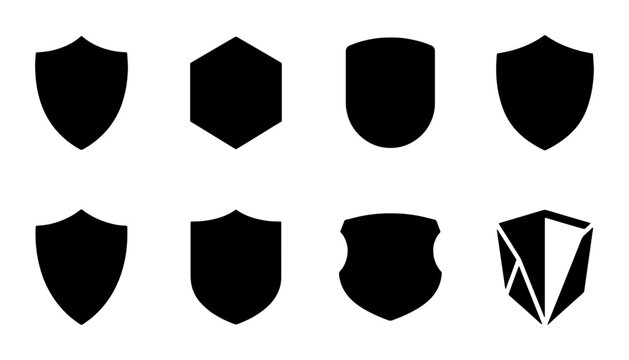 Minimalist shield icon set, black security badges and heraldic crest silhouettes, 8 vector protection symbols for logo design and web safety