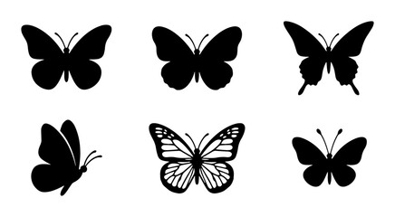 Black butterfly silhouette collection, set of 6 decorative insect icons, minimalist monarch and swallowtail wing shapes, flat vector nature elements © MdArif