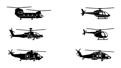 Military helicopter silhouette set, 6 black aircraft vector icons, transport and attack chopper collection, aviation symbols for infographics © Taslima