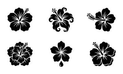 Tropical hibiscus flower silhouettes, set of 6 black floral vector icons. Hawaiian aloha blossom stencils for summer branding and surf apparel design. © Rajib