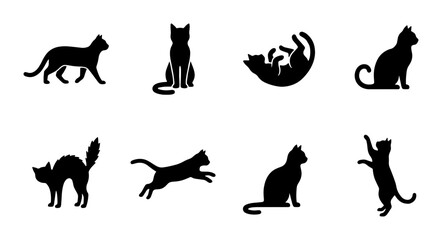 Black cat silhouette collection, set of 8 feline vector icons in various poses, domestic cat shapes for pet branding and animal graphics © MdArif