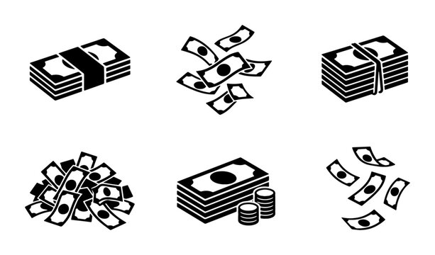 Black money icon set with cash stacks and falling banknotes, 6 vector financial elements, currency bundles and coins for banking and business