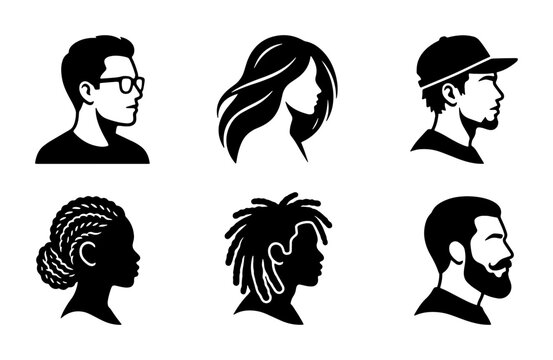 Minimalist profile avatar icons set, diverse people head silhouettes in black and white, 6 vector character portraits for social media and web design