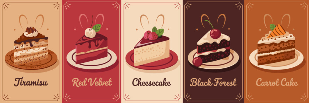 Vintage Dessert Banner Set with Tiramisu, Red Velvet, Cheesecake, Black Forest and Carrot Cake Illustrations