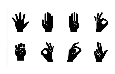 Obraz premium Black hand gestures silhouette icons, set of 8 human hand signs and palm symbols, flat vector communication and body language elements