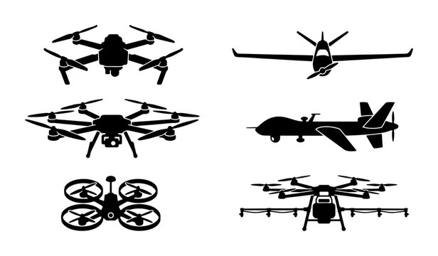 Unmanned aerial vehicle drone silhouettes set, 6 black vector icons of multicopters and fixed-wing aircraft, industrial and military uav collection