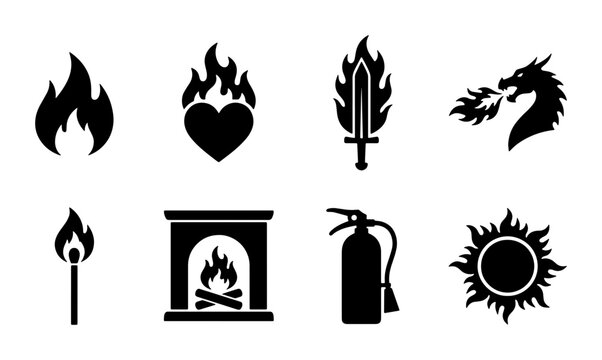 Black fire icons set, 8 flame vector symbols, burning heart and dragon head silhouettes, fireplace and fire extinguisher graphics for gaming and safety