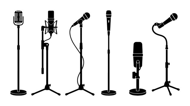 Professional microphone silhouette set, 6 studio mic icons on stands, vintage and modern audio equipment collection, podcast and music recording gear vector