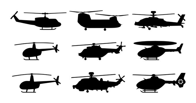 Military helicopter silhouette set, 9 aircraft vector icons, black chopper transport collection, emergency and combat aviation graphics