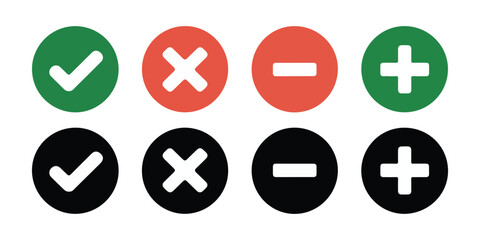 Fototapeta premium Set of round vector icon button designs with checkmark cross minus and plus symbols for mobile apps interfaces.