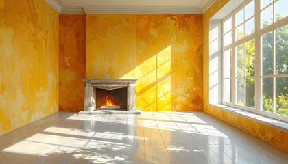 Naklejka premium Sunlit room with vibrant orange walls, large windows, and lit fireplace, casting shadows on floor