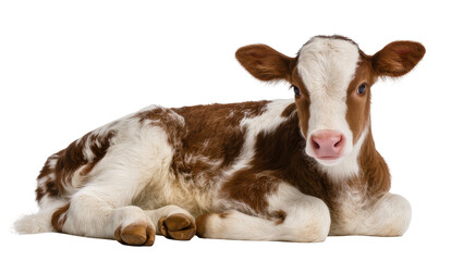 Brown white spotted calf lying down with hooves and head © Nuria
