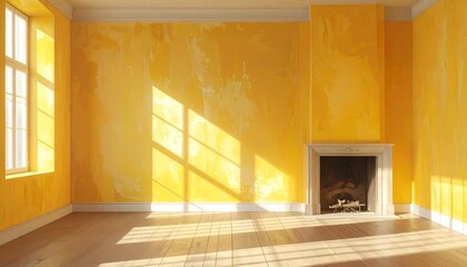 Naklejka premium Sunlit room with vibrant yellow walls, wooden floor, large windows, and a fireplace casting shadows