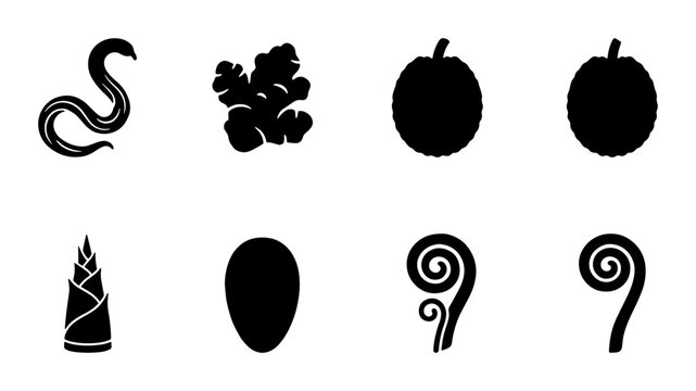 Asian food ingredients black silhouette icons, ginger root and bamboo shoot vector set, exotic fruit and vegetable shapes for culinary design