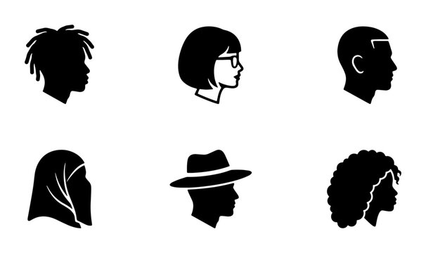 Minimalist profile avatar icons, diverse human head silhouettes set of 6 vectors, black and white people portraits for user interface design
