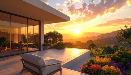 Obraz premium Modern patio with seating overlooking a vibrant sunset and lush garden. Glass walls reflect vivid sky
