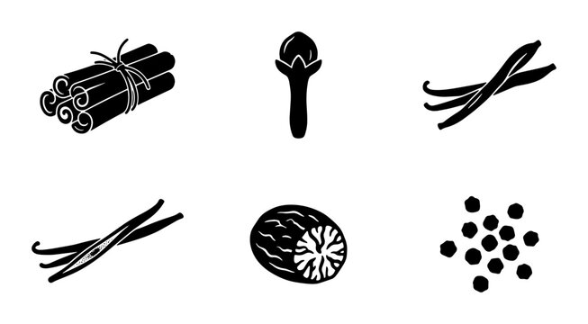 Aromatic spice icons set with cinnamon sticks and vanilla beans. Black and white culinary herb vector illustrations. Nutmeg, cloves, and peppercorn symbols.