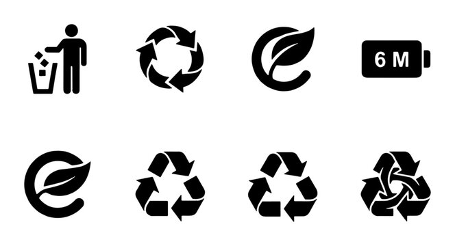Recycling symbols and eco friendly icons set, black minimalist waste management signs, 8 sustainable packaging vector elements for product labeling