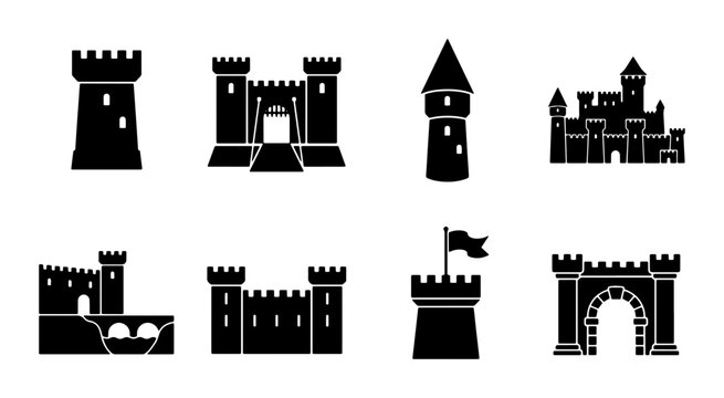 Medieval castle icons set, black silhouette fortress and tower vector elements, 8 ancient citadel and palace symbols for gaming and maps