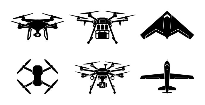 Unmanned aerial vehicle icons, set of 6 drone silhouettes and military aircraft vectors, professional quadcopter and stealth plane symbols for logistics