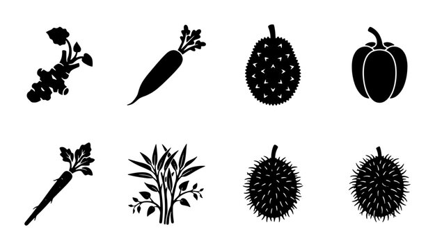 Minimalist vegetable and fruit silhouette icons, set of 8 black organic food vector elements, simple flat garden produce graphics for menu design
